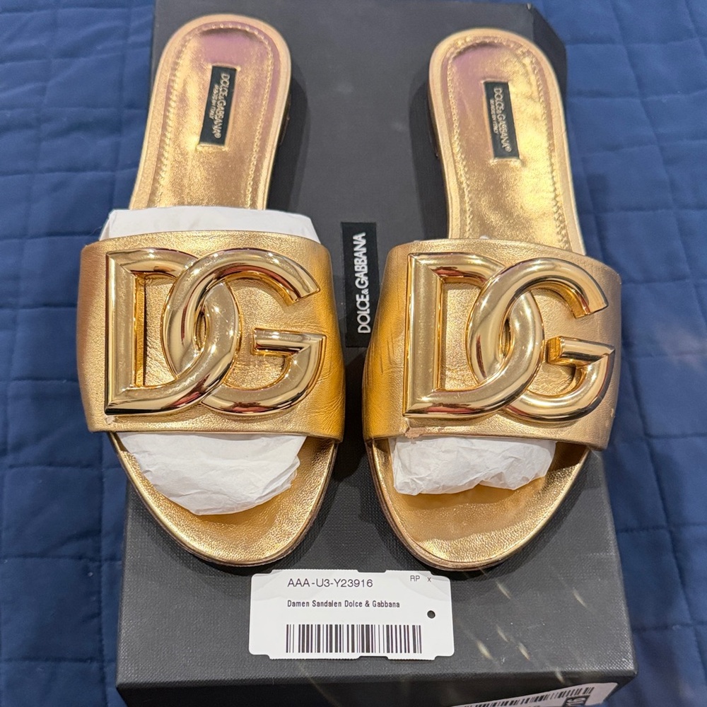 Dolce & Gabbana Metallic Gold Logo Slide Mules